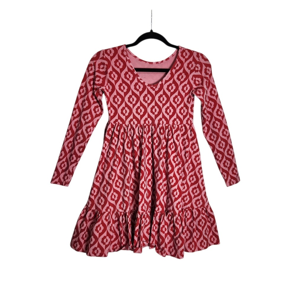 Hanna Andersson Girls Pink Red Floral Geometric Tiered Dress Size 10 140cm